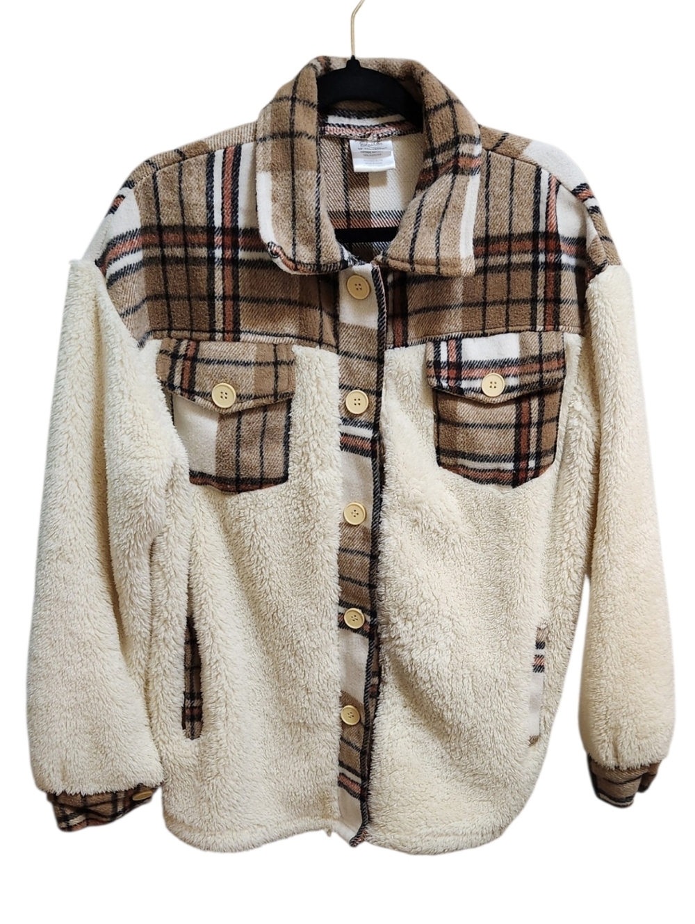 Fashion by Mirabeau Sherpa Button-Up Jacket with Tan Plaid Accents